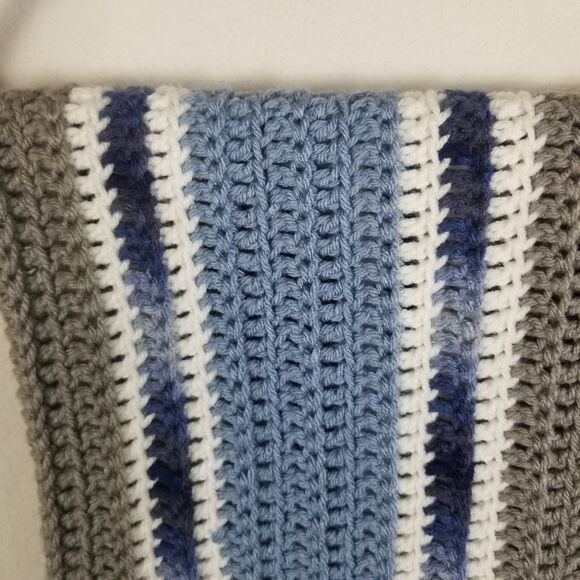 Handmade‎ Crochet Blue,  Gray and White  Baby Blanket - Picture 3 of 6